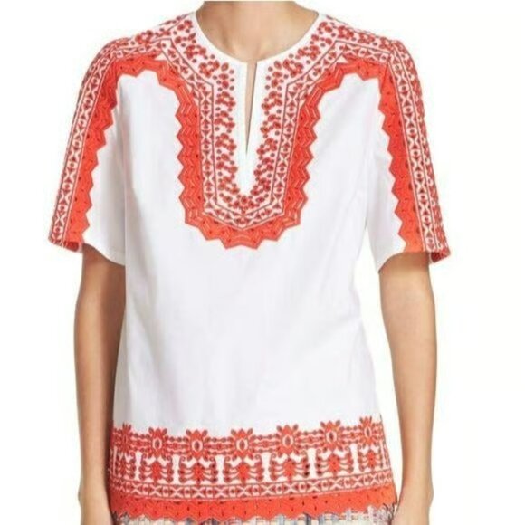 Tory Burch Isla tunic red white embroidered cotton top XS 4 - Picture 11 of 12